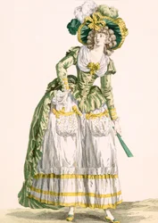 バコイの彫刻が施されたレディースカントリースタイルのガウン、プレートNo.228、「Galeries des Modes et Costumes Francais」、1780